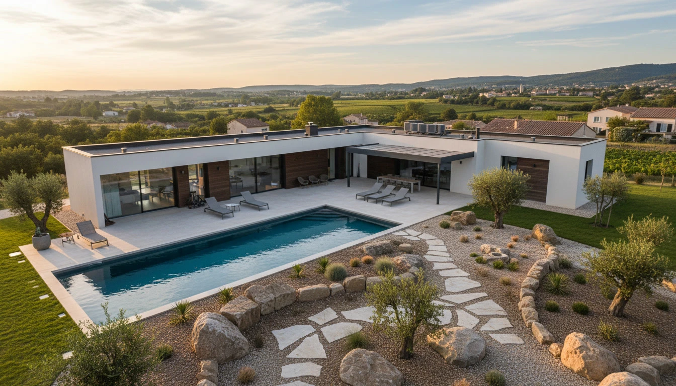 Maison contemporaine minimaliste avec terrasse couverte, mobilier de jardin en bois et bassin naturel avec végétation aquatique
